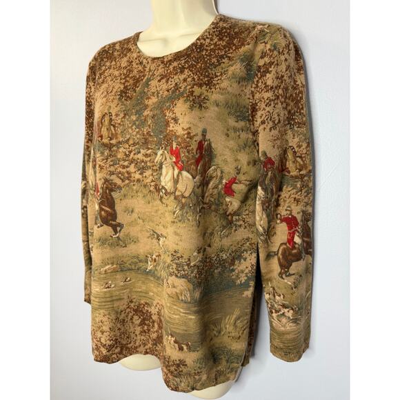 Pendleton Merino Wool Equestrian Hunting Print Tan Sweater Sz L Brown - Picture 3 of 10